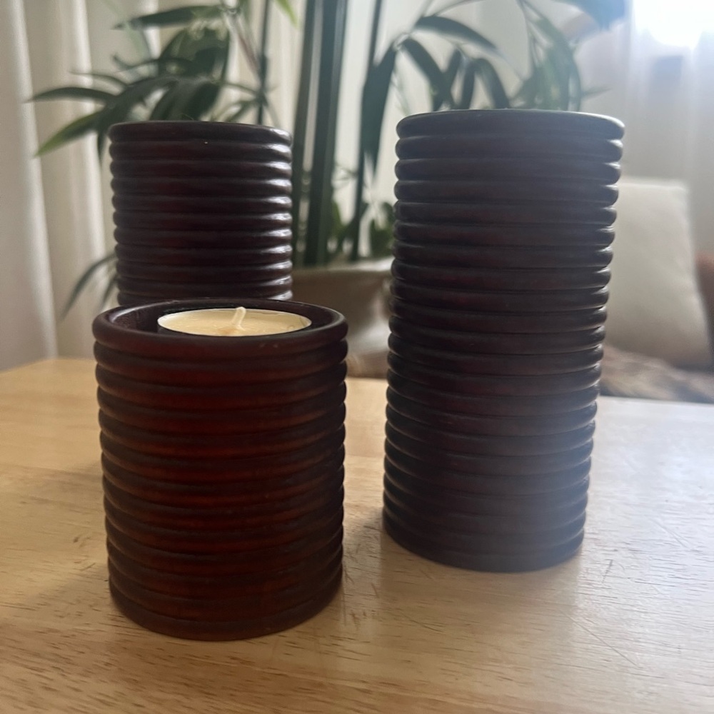 Pier 1 Dark Brown Ribbed Candle Holder Trio